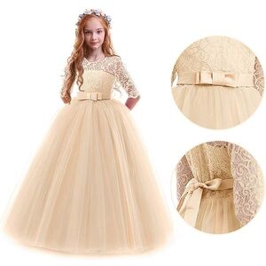 NWT Flower Girls Champagne Vintage Lace 3/4 Sleeve Bridesmaid Ball Gown